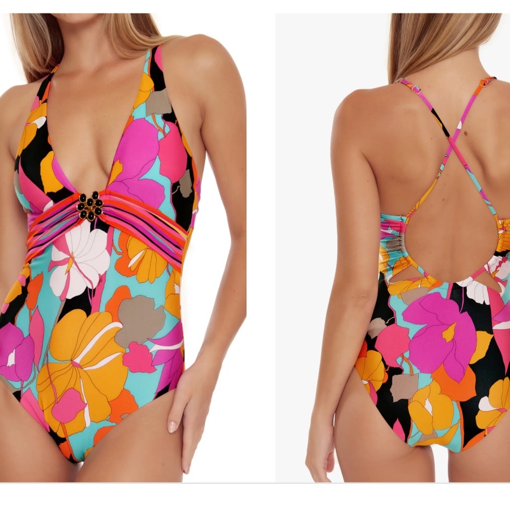 Trina Turk Gemini Plunge One Piece Swimming Suit 6 Floral $162 NEW
